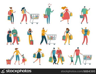 Shopping people. Man and woman with shopping bags in mall, young beautiful fashion byers for sale or discount advertising, buying gifts and presents flat vector isolated cartoon shopaholic concept. Shopping cartoon people. Man, woman and families with shopping bags in mall, supermarket and grocery. Couples and parents with kids buying gifts in shop flat vector isolated cartoon set