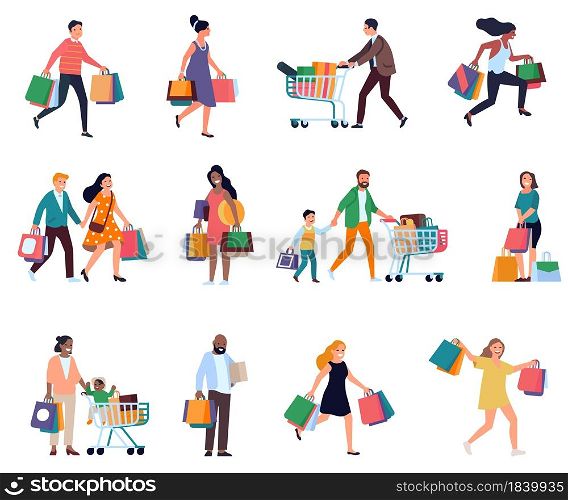 Shopping people. Men and women with shopper bags, consumers during period of discounts and sales, boutiques and shops visitors with purchase vector set. Shopping people. Men and women with shopper bags, consumers during period of discounts and sales, boutiques and shops visitors. Vector set
