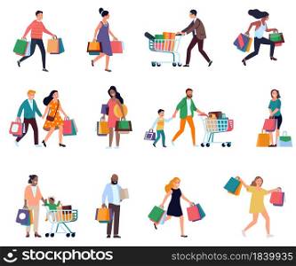 Shopping people. Men and women with shopper bags, consumers during period of discounts and sales, boutiques and shops visitors with purchase vector set. Shopping people. Men and women with shopper bags, consumers during period of discounts and sales, boutiques and shops visitors. Vector set