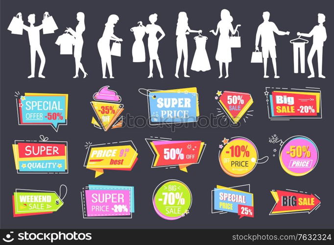 Shopping people on Black friday sale, isolated silhouettes of man and woman with bags and purchases. Premium quality goods, clearance sellout banners. Vector illustration in flat cartoon style. Premium Quality Discounts and Sale in Shop Set