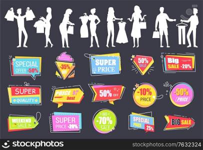 Shopping people on Black friday sale, isolated silhouettes of man and woman with bags and purchases. Premium quality goods, clearance sellout banners. Vector illustration in flat cartoon style. Premium Quality Discounts and Sale in Shop Set