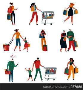 Shopping people. Persons shop family basket cart consume retail purchase store shopaholic mall supermarket shopper flat vector set. Shopping people. Persons shop family basket cart consume retail purchase store shopaholic mall supermarket shopper flat