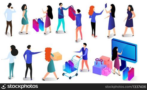 Shopping People Set Isolated on White Background. Men and Women in Different Situations while Purchasing. Choosing and, Buying and Selling Goods, Driving Trolley. 3D Flat Isometric Vector Illustration. Shopping People Set Isolated on White Background.