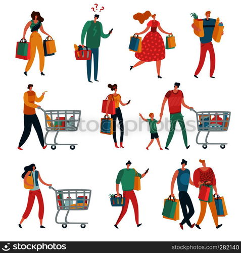 Shopping people set. Man woman shop family cart consume lifestyle retail purchase store shopaholic female mall shopper flat vector. Shopping people set. Man woman shop family cart consume lifestyle retail purchase store shopaholic female mall shopper