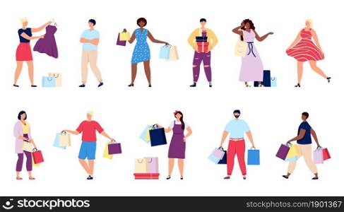 Shopping people. Shop man, person hold gift boxes and bags. Retail consumer, shopper with purchase. Buyer in store or supermarket utter vector set on white. Shopping people. Shop man, person hold gift boxes and bags. Retail consumer, shopper with purchase. Buyer in store or supermarket utter vector set