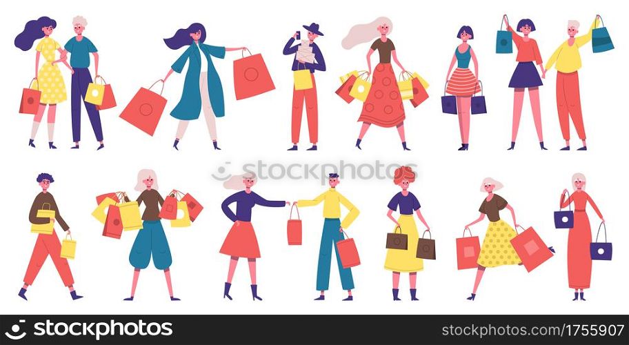 Shopping people. Shopaholic male and female characters, people buy clothes, food or presents. People with shopping bags vector illustration set. Man, woman and couple making purchases. Shopping people. Shopaholic male and female characters, people buy clothes, food or presents. People with shopping bags vector illustration set