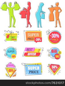 Shopping people silhouettes and banners vector, clearance and sale, discount in shop. Diamond shaped, present gift box with text sample set. Business sale stikers for black friday or season sale. Best Choice Sale Discount in Shop Reduction Banner