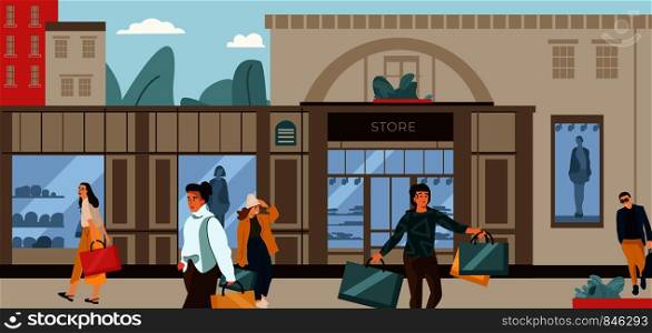 Shopping people. Trendy cartoon characters at fashion boutique, city street scene with clothing outlets. Vector illustration flat customers outside mall set. Shopping people. Trendy cartoon characters at fashion boutique, city street scene with clothing outlets. Vector flat customers set