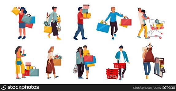 Shopping people. Trendy cartoon characters on retail store, happy buyers at discount shop. Vector illustrations people in mall scenes. Smiling man in mall with bag or cart big set fun shopper. Shopping people. Trendy cartoon characters on retail store, happy buyers at discount shop. Vector people in mall scenes