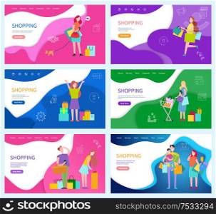 Shopping people with bought packages and products vector. Father and mother with kid, walking home with purchases in bags. Couple in shop, tired man. Shopping People with Bought Packages and Products