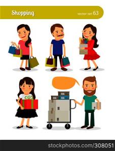 Shopping people with shopping basket and shopping cart. Vector illustration.. Shopping people with basket and cart