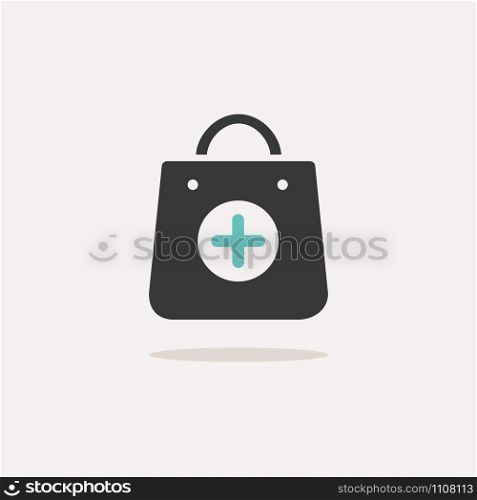Shopping pharmacy bag. Icon with shadow on a beige background. Commercial flat vector illustration