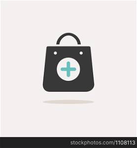 Shopping pharmacy bag. Icon with shadow on a beige background. Commercial flat vector illustration