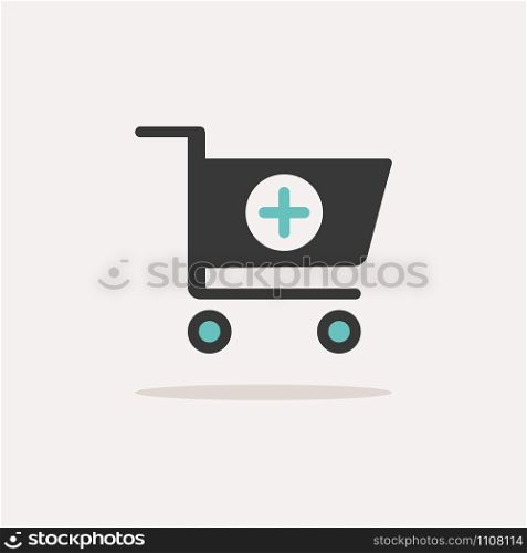 Shopping pharmacy cart. Icon with shadow on a beige background. Commercial flat vector illustration