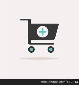 Shopping pharmacy cart. Icon with shadow on a beige background. Commercial flat vector illustration
