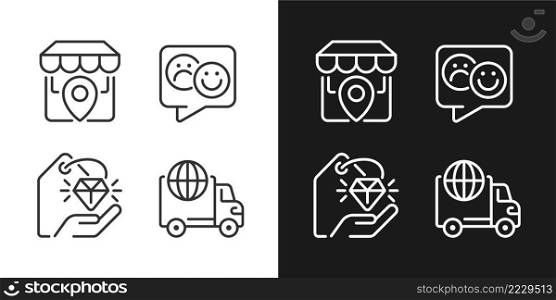 Shopping pixel perfect linear icons set for dark, light mode. Worldwide delivery. Store location. Electronic commerce. Thin line symbols for night, day theme. Isolated illustrations. Editable stroke. Shopping pixel perfect linear icons set for dark, light mode
