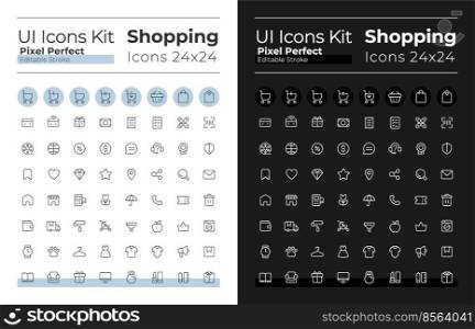 Shopping pixel perfect linear ui icons set for dark, light mode. Retail shop. Outline isolated user interface elements for night, day themes. Editable stroke. Montserrat Bold, Light fonts used. Shopping pixel perfect linear ui icons set for dark, light mode