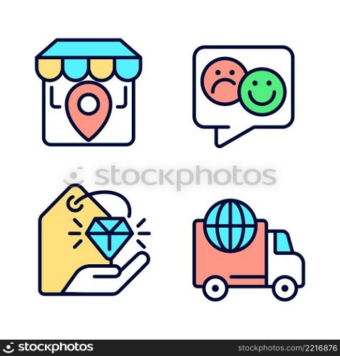 Shopping pixel perfect RGB color icons set. Worldwide delivery service. Store location. Electronic commerce. Isolated vector illustrations. Simple filled line drawings collection. Editable stroke. Shopping pixel perfect RGB color icons set