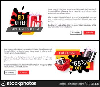 Shopping products sellout 55 off price vector web site templates. Presents and gifts in shopping basket, promotion and clearance of shops, sale goods. Shopping Products Sellout 55 Off Price Banner