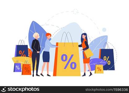 Shopping, purchasing, sale, buy or discount concept. Illustration of buy, shopping or service. Commercial sales, big procent discounts for goods, orders. Profitable purchasing. Customer and seller. Vector. Shopping, purchasing, sale, discount concept