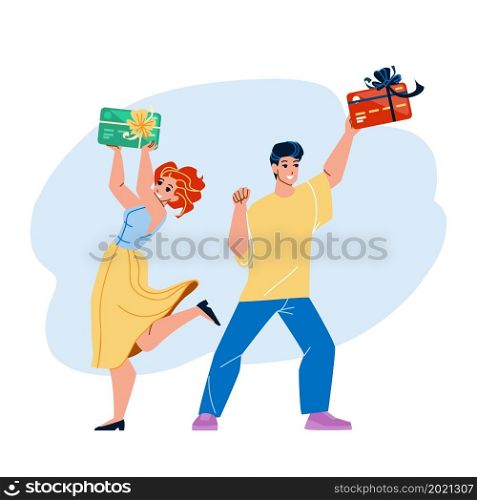 Shopping Reward Getting Couple Customers Vector. Young Man And Woman Clients Holding Shopping Reward Card Gift Decorated Celebrative Ribbon With Bow. Characters Shop Award Flat Cartoon Illustration. Shopping Reward Getting Couple Customers Vector