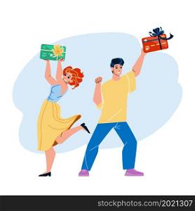 Shopping Reward Getting Couple Customers Vector. Young Man And Woman Clients Holding Shopping Reward Card Gift Decorated Celebrative Ribbon With Bow. Characters Shop Award Flat Cartoon Illustration. Shopping Reward Getting Couple Customers Vector