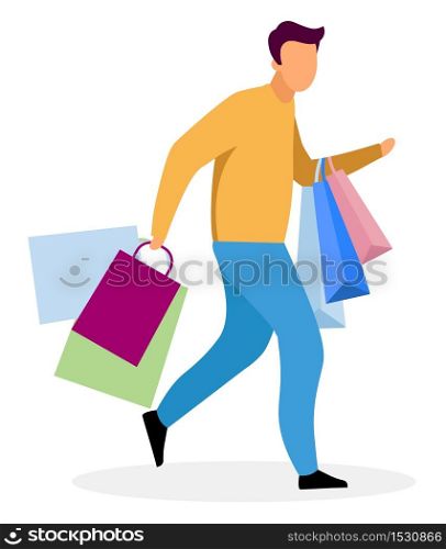 Shopping rush flat vector illustration. Shopper running in haste with bags cartoon character. Boyfriend buys presents for sweetheart. Husband looking for Christmas. Shopaholic doing purchases