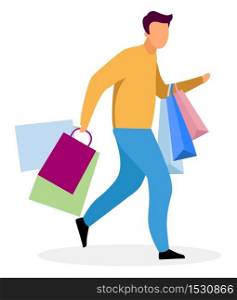 Shopping rush flat vector illustration. Shopper running in haste with bags cartoon character. Boyfriend buys presents for sweetheart. Husband looking for Christmas. Shopaholic doing purchases