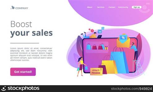 Shopping sale. Discount offer. Loyalty program. Customer attraction marketing. Sales promotion, creative retail promotion, boost your sales concept. Website homepage landing web page template.. Sales promotion concept landing page
