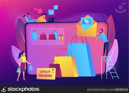 Shopping sale. Discount offer. Loyalty program. Customer attraction marketing. Sales promotion, creative retail promotion, boost your sales concept. Bright vibrant violet vector isolated illustration. Sales promotion concept vector illustration