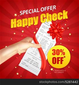 Shopping Sale Discount Receipt Realistic Banner. Hand holding special offer sales discount receipt bonus wrapped as gift red background advertisement poster vector illustration