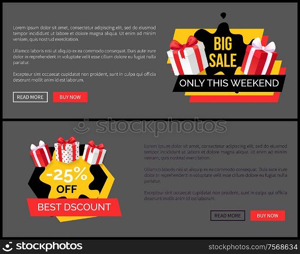 Shopping sale labels and presents, stickers on landing page. Promo price web site templates with advertising labels and gifts packed in wrapping paper. Shopping Sale Labels and Presents Stickers on Page