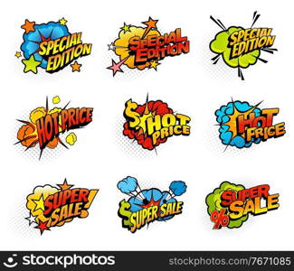 Shopping sale promotion pop art explosions clouds. Special edition, hot price and super sale comic burst bubbles, exclamation clouds. Shop sale or purchase discounts advertising vector stickers. Shopping sale promotion pop art explosions clouds