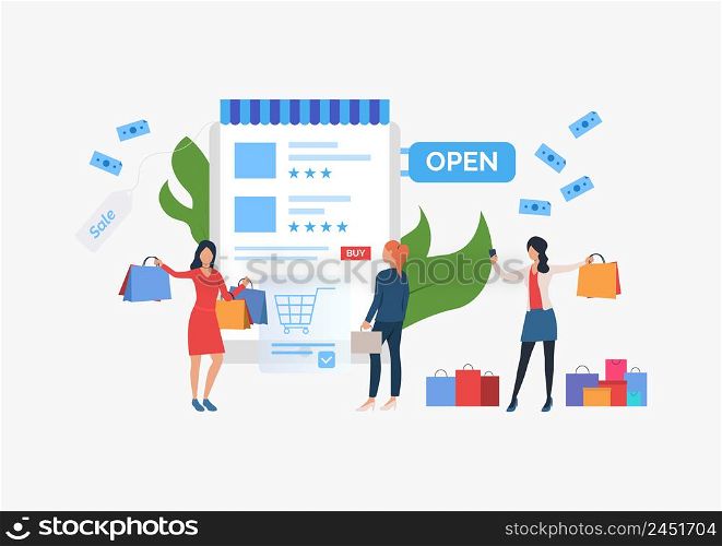 Shopping sale slide template presentation. Three girls standing before supermarket. Choosing goods on Internet concept. Vector illustration can be used for topics like sale, shopping, promotion. Shopping sale slide template presentation
