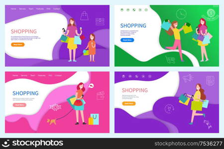 Shopping sale women buying gifts and products vector. Mother and daughter having fun, eating ice cream and walking from shops. Friends with paper bag. Shopping Sale Women Buying Gifts and Products