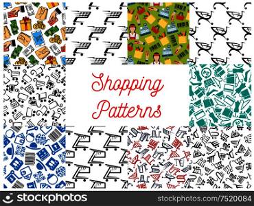 Shopping seamless pattern. Vector pattern of shopping basket, cash box, dollar banknotes, smartphone, money purse, credit card, gift, store, shopping paper bag, dress coin bar code. Shopping seamless patterns