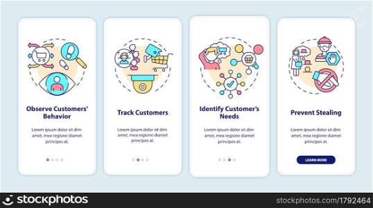 Shopping security systems onboarding mobile app page screen. Behavior observation walkthrough 4 steps graphic instructions with concepts. UI, UX, GUI vector template with linear color illustrations. Shopping security systems onboarding mobile app page screen