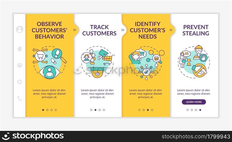 Shopping security systems onboarding vector template. Responsive mobile website with icons. Web page walkthrough 4 step screens. Behavior observation color concept with linear illustrations. Shopping security systems onboarding vector template
