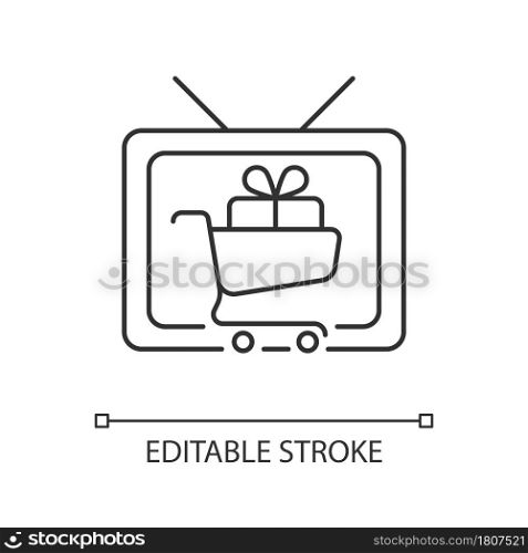 Shopping show linear icon. Teleshopping program. Television entertainment series. Thin line customizable illustration. Contour symbol. Vector isolated outline drawing. Editable stroke. Shopping show linear icon
