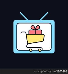 Shopping show RGB color icon for dark theme. Teleshopping program. Television entertainment series. Isolated vector illustration on night mode background. Simple filled line drawing on black. Shopping show RGB color icon for dark theme