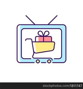 Shopping show RGB color icon. Teleshopping program. Television entertainment series. Movie about shopaholic. TV show about shoppers. Isolated vector illustration. Simple filled line drawing. Shopping show RGB color icon