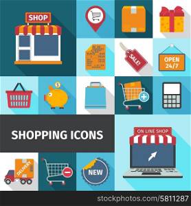 Shopping square cash and online icons set flat shadow isolated vector illustration . Shopping square icons set