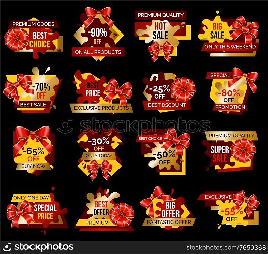 Shopping stickers or label set big discount and best choice. Logotype limited promotion decoration by ribbon and bow. Super sale shop now, poster fantastic offer and special price on holiday vector. Shopping Stickers Set, Offer and Discount Vector