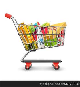 Shopping Supermarket Cart With Grocery Pictogram. Self-service supermarket full shopping trolley cart with fresh grocery products and red handle realistic vector illustration