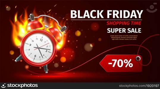 Shopping time clock. Last minute offer poster. Realistic burning alarm watch. Black Friday advertising. Sales and discounts promotion flyer template. Red timer with fire flames. Vector promo banner. Shopping time clock. Last minute offer poster. Realistic burning alarm watch. Black Friday advertising. Sales and discounts promotion flyer. Red timer with fire flames. Vector banner