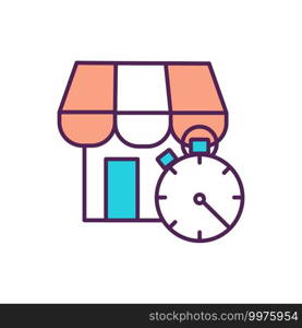 Shopping time RGB color icon. Waiting in queue. Timer to measure. Grocery shop. Supermarket store. Commercial service. Retail business. Time management. Urgent order. Isolated vector illustration. Shopping time RGB color icon