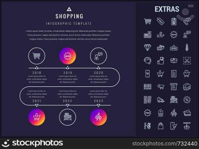 Shopping timeline infographic template, elements and icons. Infograph includes line icon set with shopping cart, online store, mobile shop, price tag, retail business, cash machine, credit card etc.. Shopping infographic template, elements and icons.
