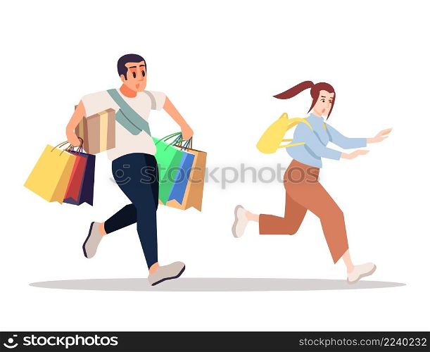Shopping together semi flat RGB color vector illustration. Excited girl and boy participating in sales event isolated cartoon characters on white background. Shopping together semi flat RGB color vector illustration
