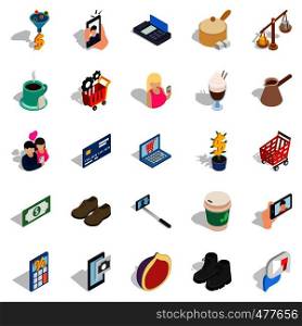 Shopping trip icons set. Isometric set of 25 shopping trip vector icons for web isolated on white background. Shopping trip icons set, isometric style