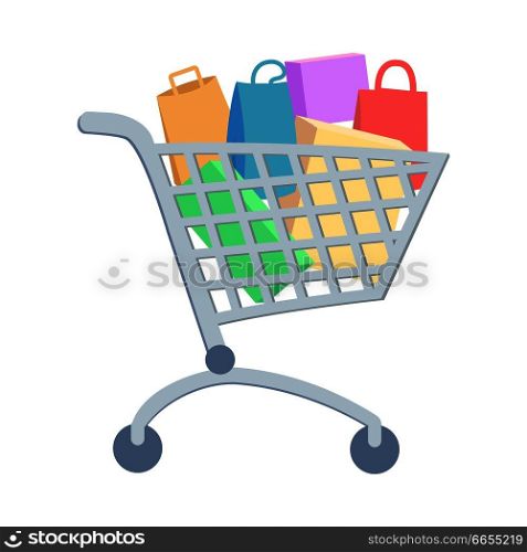Shopping trolley full of paper bags and boxes flat vector illustration. Make purchases on seasonal sale in supermarket concept isolated on white background. For e-commerce and online shopping app icon